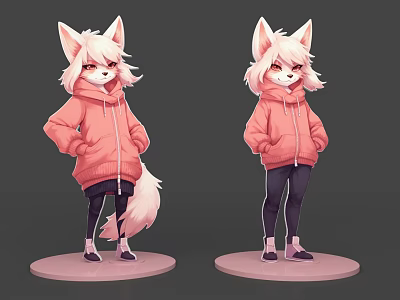 Anime Game Character Wearing Pink Hoodie With Fox Ears White Tail Standing On Pink Base 3d model