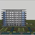 Modern Multi Story Building With Glass Curtain Wall Surrounded By Landscaped Gardens And Pool