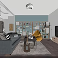 Modern Living And Dining Area With Gray Sofa Yellow Bean Bag Guitar And Bookshelves