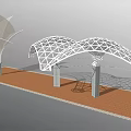 Outdoor Modern Double Curved Pergola With Geodesic Grid Structure And Brick Pavement