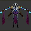 Futuristic Mythical Creature With Silver Armor Golden Details Glowing Blue Accents And Purple Sashes