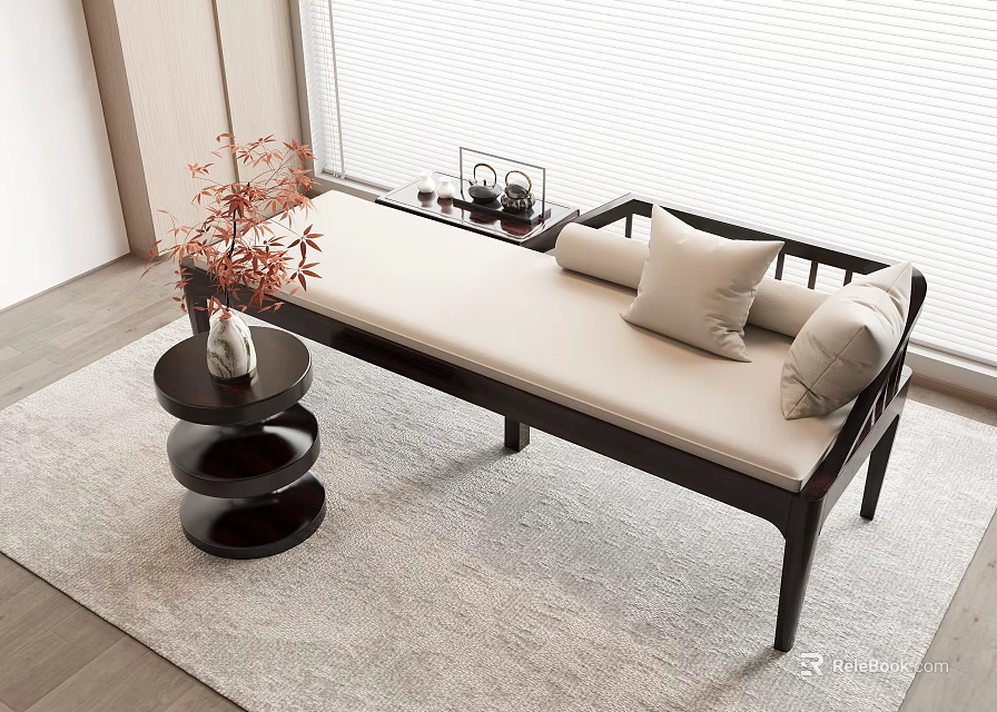 Modern Chaise Lounge with Dark Frame Light Upholstery Plush Pillows Side Table in Bright Room 3d model 