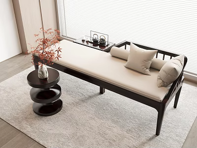 Modern Chaise Lounge with Dark Frame Light Upholstery Plush Pillows Side Table in Bright Room 3d model