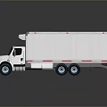 White Box Truck With Long Cargo Container And Blue Wheels On Dark Surface