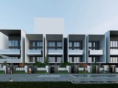 Modern Townhouse Row Exterior Design With Contemporary Style Balconies Windows And Greenery 3d model