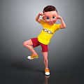 Cartoon Boy In Yellow Minion T Shirt And Red Plaid Shorts Standing On One Leg
