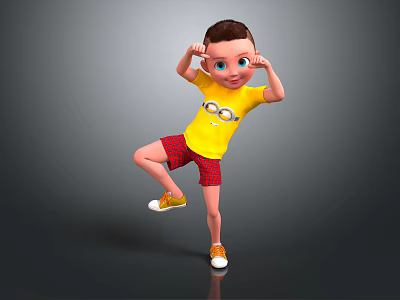 Cartoon Boy In Yellow Minion T Shirt And Red Plaid Shorts Standing On One Leg 3d model