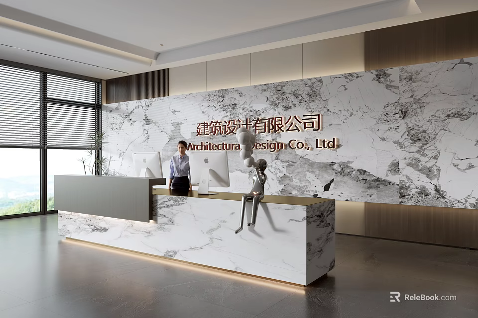 Modern Reception Desk in Architecture Design Office With Marble Wall and Large Windows 3d model 