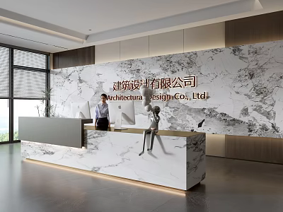 Modern Reception Desk in Architecture Design Office With Marble Wall and Large Windows 3d model