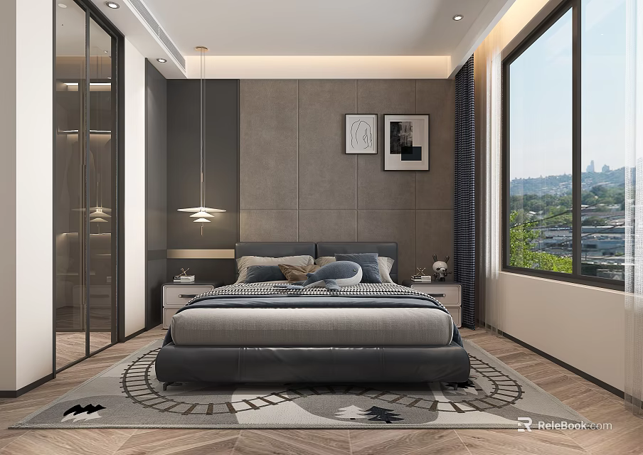 Modern Bedroom Interior With Gray Wall Two Paintings Pendant Light Nightstand And City View Window 3d model 