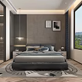Modern Bedroom Interior With Gray Wall Two Paintings Pendant Light Nightstand And City View Window