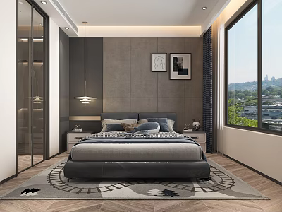 Modern Bedroom Interior With Gray Wall Two Paintings Pendant Light Nightstand And City View Window 3d model
