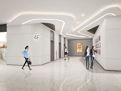 Modern Elevator Lobby on 4F With Curved Lighting and Art Decor 3d model