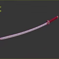 Katana Weapon Featuring Red Handle Golden Accent Long Slender Blade On Gray Background