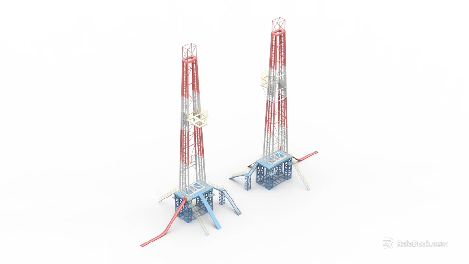 Tall Industrial Drilling Rigs With Red White Blue Support Structures And Platforms 3d model 