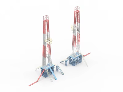 Tall Industrial Drilling Rigs With Red White Blue Support Structures And Platforms 3d model