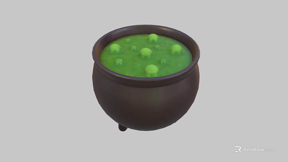 Brown Ceramic Pot With Green Liquid And Green Balls On Three Legs 3d model 