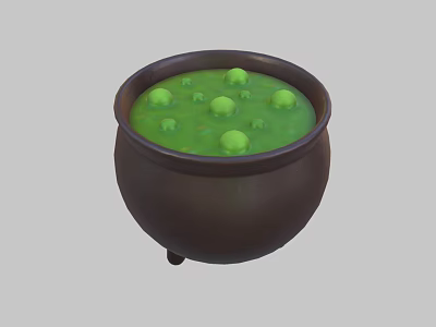 Brown Ceramic Pot With Green Liquid And Green Balls On Three Legs 3d model