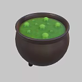 Brown Ceramic Pot With Green Liquid And Green Balls On Three Legs
