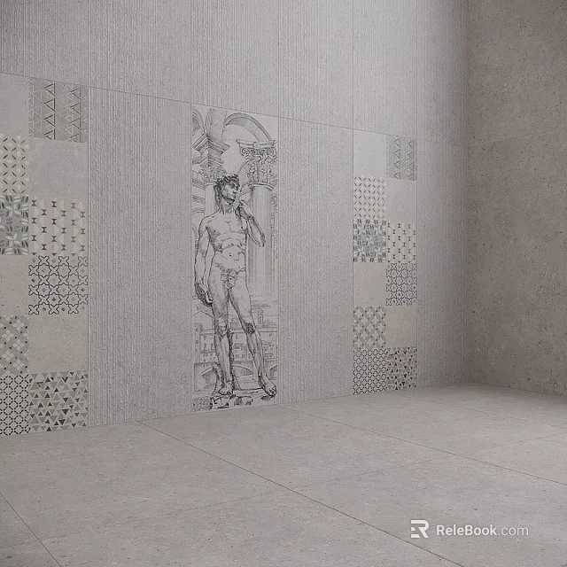 Gray Wall Architectural Components With Geometric Pattern Blocks And Central Figure Sketch 3d model