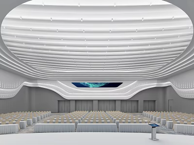 Modern Spacious Conference Room With Curved White Ceiling Lighting Large Screen And Neatly Arranged Tables 3d model
