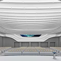 Modern Spacious Conference Room With Curved White Ceiling Lighting Large Screen And Neatly Arranged Tables