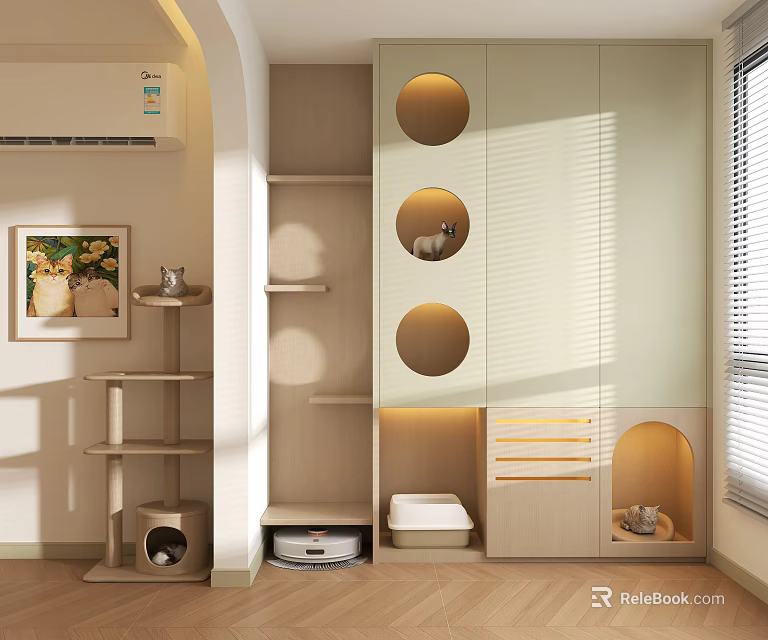 Modern Indoor Cat Tree With Multi Level Wooden Platforms And Cozy Cat Bed Design 3d model 