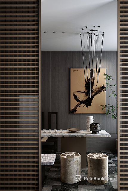 Japanese Modern Style Dining Room Chandelier With Dark Walls Abstract Painting And Marble Countertop 3d model 