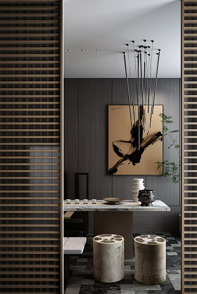 Japanese Modern Style Dining Room Chandelier With Dark Walls Abstract Painting And Marble Countertop 3d model