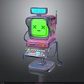Retro Robot With Green Screen Smiley Face ERROR Display Pink Blue Body Control Panel Wires