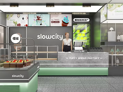 Slowcity Puffy Bread Factory Dessert Shop With Display Case Counter Wall Posters And Green Plants 3d model