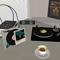 Decorative Ornament Set with Vinyl Records Turntable Metal Rack Teacup and Decorative Painting