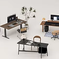 Modern Middle Ancient Desk and Chair Computer Table Lamp Potted Plant 3d model