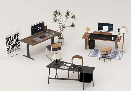Modern Middle Ancient Desk and Chair Computer Table Lamp Potted Plant 3d model