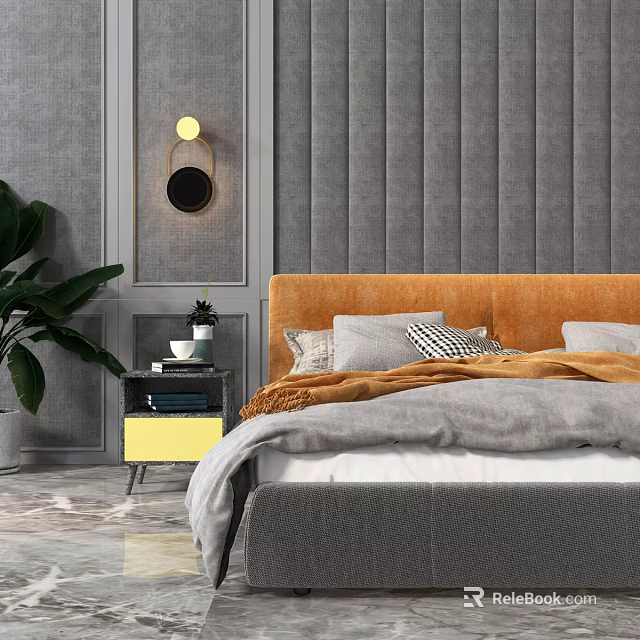 Modern Double Bed with Orange Headboard Grey Striped Backdrop and Green Plant 3d model 
