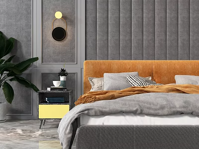 Modern Double Bed with Orange Headboard Grey Striped Backdrop and Green Plant 3d model