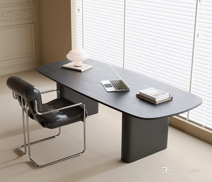 Modern Black Desk Interior With Leather Chair Laptop Books White Lamp And Window Blinds 3d model 