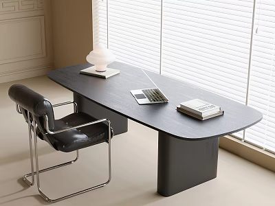 Modern Black Desk Interior With Leather Chair Laptop Books White Lamp And Window Blinds 3d model