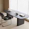 Modern Black Desk Interior With Leather Chair Laptop Books White Lamp And Window Blinds