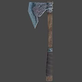 Ancient Weapon With Wooden Handle And Metal Head Featuring Intricate Red Black Labyrinth Patterns