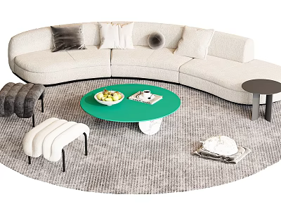Beige Curved Sofa Coffee Table Set With Green Round Table Fruits Magazine And Gray Rug 3d model