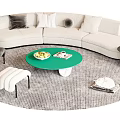 Beige Curved Sofa Coffee Table Set With Green Round Table Fruits Magazine And Gray Rug