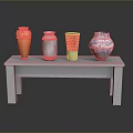 White Long Table with Four Decorative Vases in Orange Silver Green and Blue White Patterns