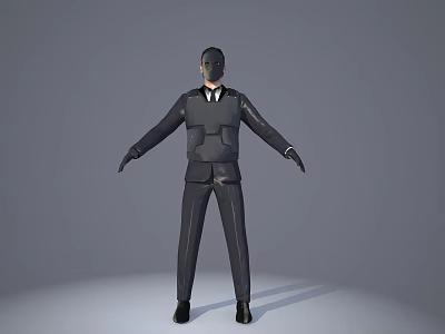 Man in Black Uniform with Protective Vest and Black Mask Arms Outstretched on Gray Background 3d model