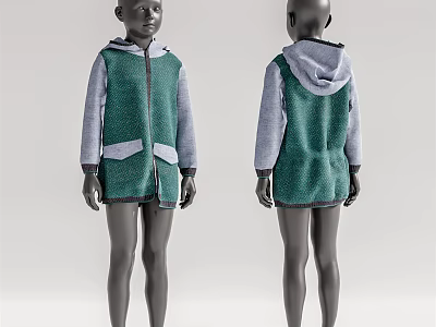 Kids Model Wearing Green Hoodie Jacket With Gray Sleeves And Pockets Front Back View 3d model