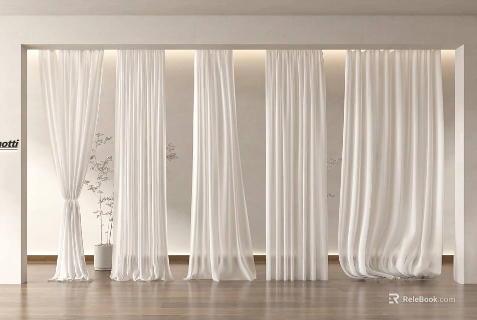 White Flowing Curtains For Modern Minimalist Interior With Natural Light And Wooden Floor 3d model 
