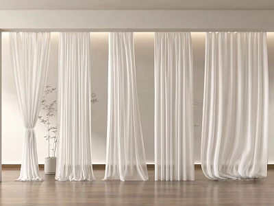 White Flowing Curtains For Modern Minimalist Interior With Natural Light And Wooden Floor 3d model