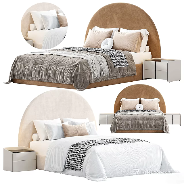Modern Double Bed Interior With Arched Headboard Soft Pillows And Bedside Tables 3d model