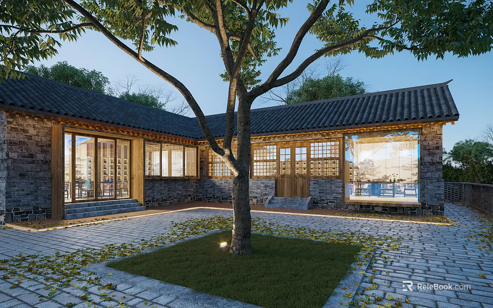 Chinese Style Guesthouse Building With Courtyard Tree Lawn Traditional Tile Roof Wooden Structure Glass Windows 3d model 