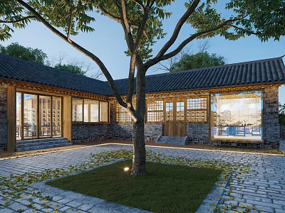 Chinese Style Guesthouse Building With Courtyard Tree Lawn Traditional Tile Roof Wooden Structure Glass Windows 3d model